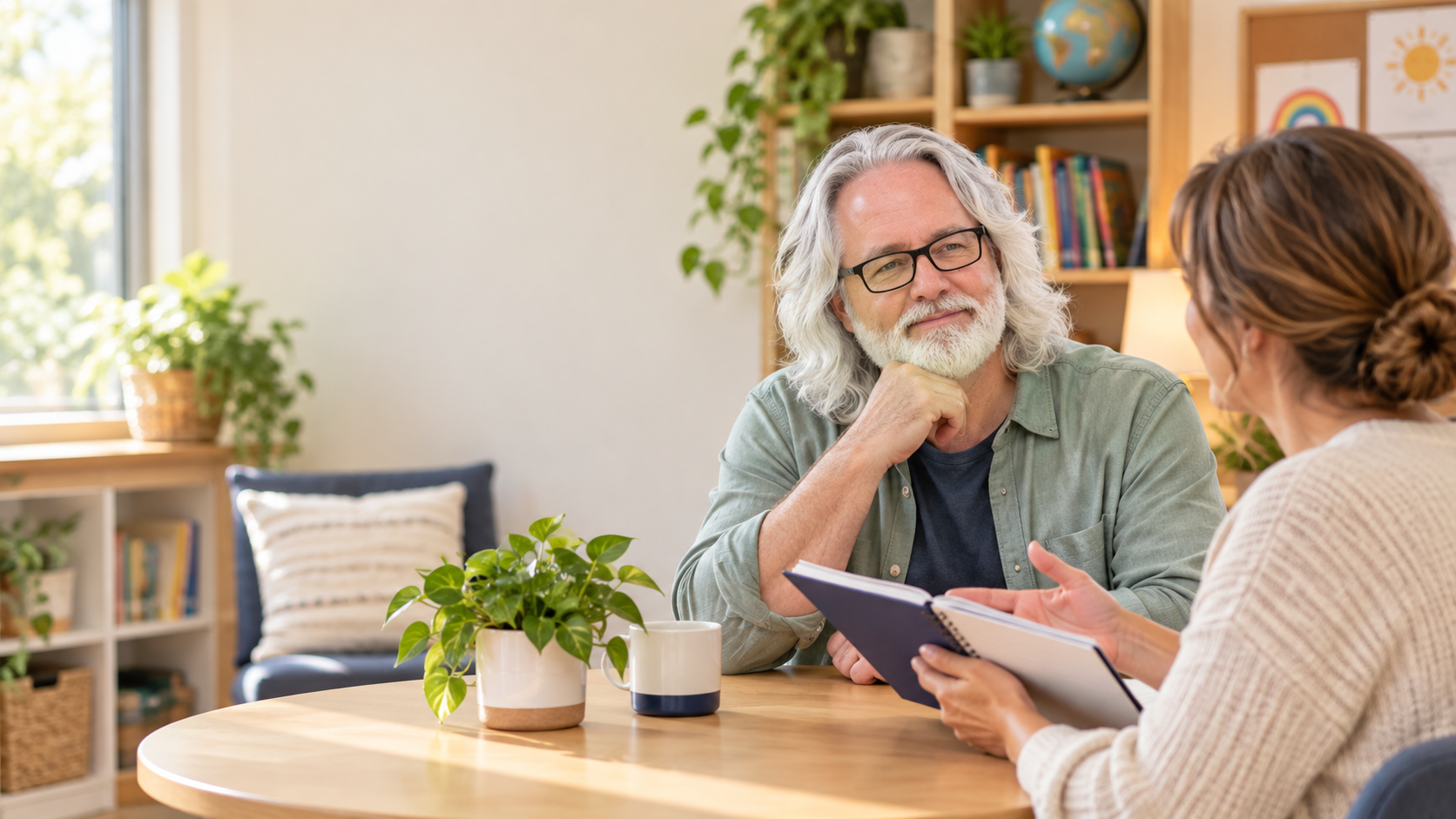 Eric Frichette listening to a parent