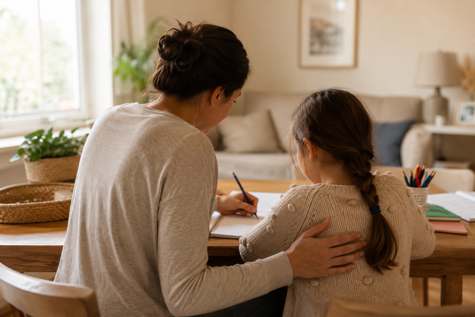A parent and child sharing a calm, supportive learning moment