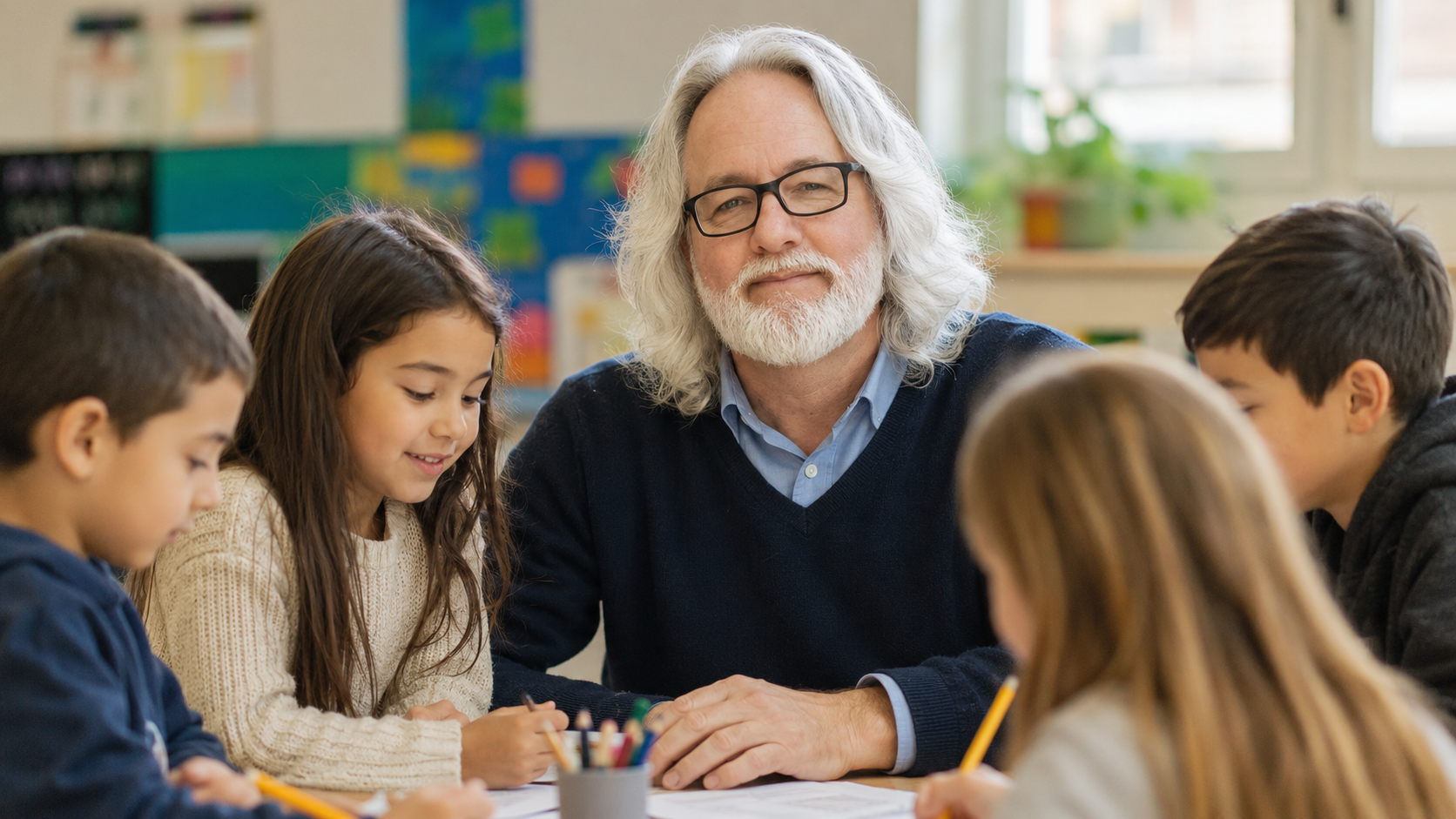Eric Frichette supporting children in a classroom