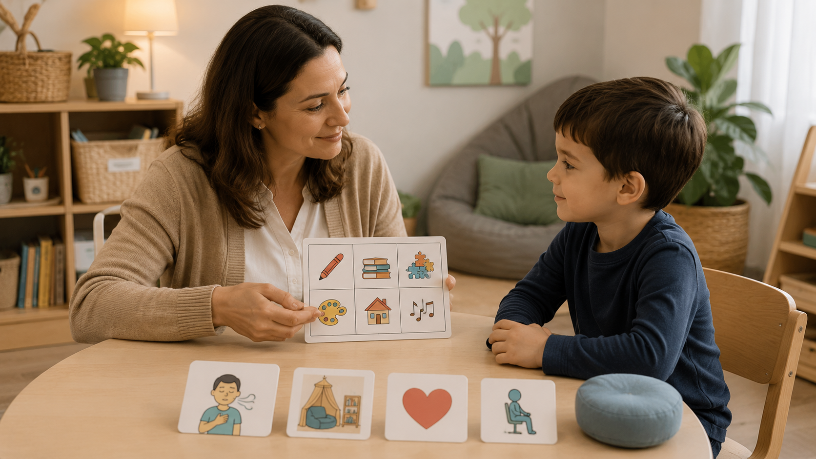 An adult using visual supports with a child